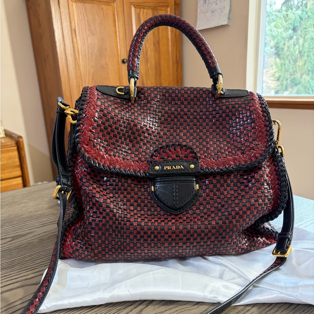 Prada Red & Black Woven Leather Top-Handle Satchel
